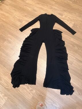 Black Long-Sleeve Ruffle-Trim Wide-Leg Jumpsuit